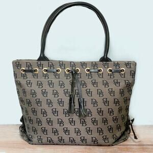 Vintage Dooney & Bourke Black Monogram Canvas Tote Bag with Leather Handles